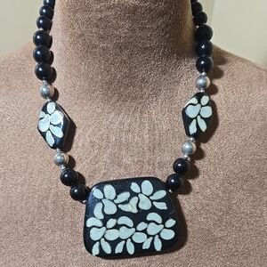 Black Floral Inlay Statement Necklace - White Accent Design